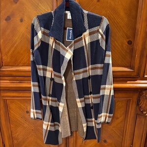 Max Studio Navy and Tan Plaid Cardigan